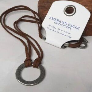 American Eagle Silver Tone Circle Pendant on Double Brown Cord Necklace